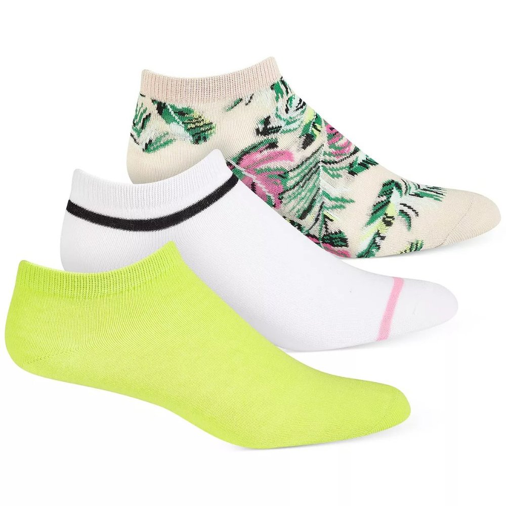Jenni 3PK No-Show Women's Socks Neon, White, Palm Print NWT